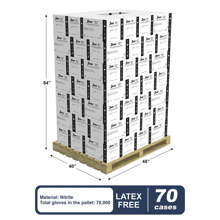 Stack of 70 Cases of 1EIN Indigo Nitrile 3 Mil Exam Gloves on a Pallet with Pallet Dimensions and Specs