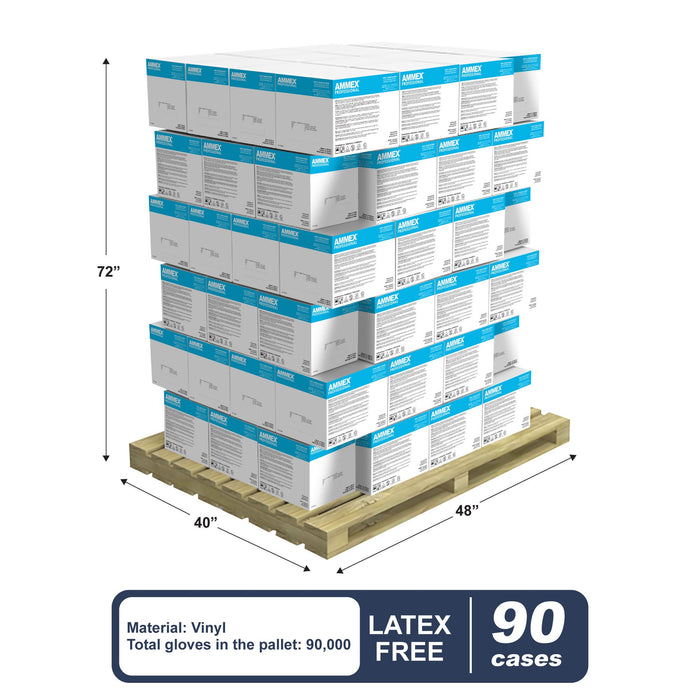 Stack of 90 Cases of VPF Clear Vinyl 3 Mil Exam Gloves on a Pallet with Pallet Dimensions and Specs