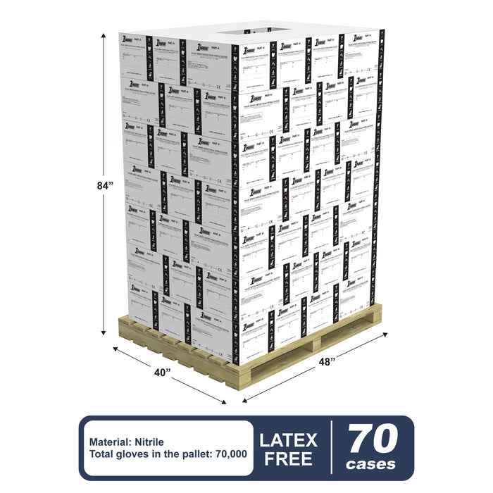 Stack of 70 Cases of 1VSEIN Light Indigo Nitrile 3 Mil Exam Gloves on a Pallet with Pallet Dimensions and Specs