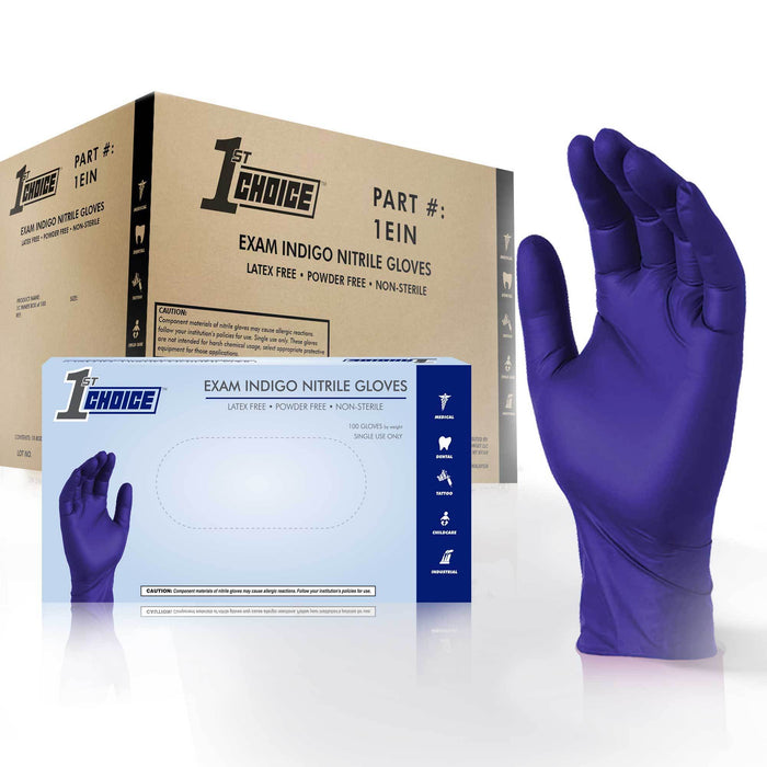 1st Choice 1EIN - Exam Indigo Nitrile Disposable Gloves, 4 Mil, Latex Free, Powder Free, Textured