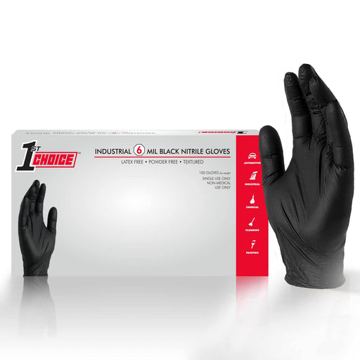 1st Choice 6 Mil Premium Black Industrial Nitrile Disposable Gloves (Box of 100)