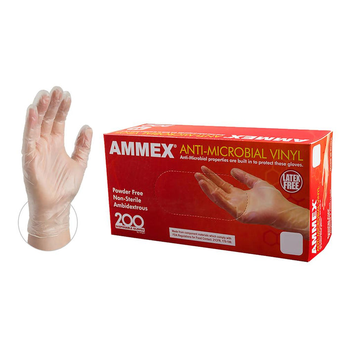 AMMEX AAMV - Clear Vinyl Industrial Disposable Gloves, Anti-Microbial, 3 Mil, Powder Free, Ambidextrous