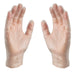Front of Hands Modeling Clear Vinyl Industrial Gloves 