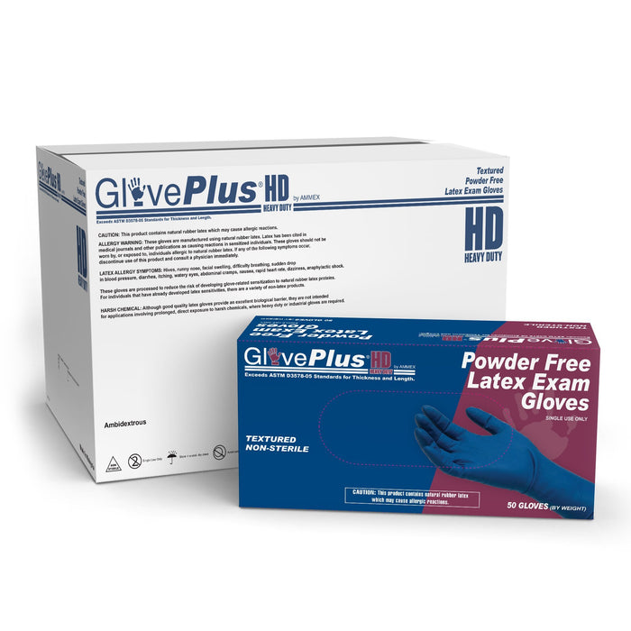 AMMEX GPLHD - GlovePlus HD Medical Blue Latex Disposable Gloves, 13 mil, Powder Free, Textured