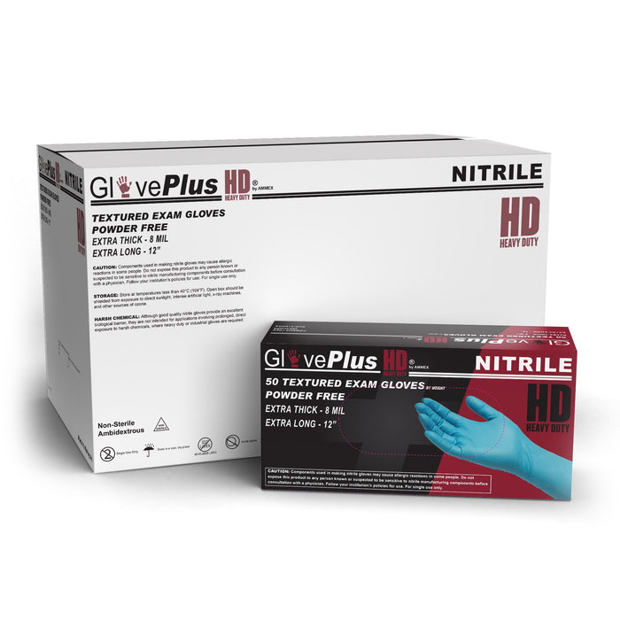 AMMEX GPNHD - GlovePlus HD Medical Blue Nitrile Disposable Gloves, 8 mil, 12 inch long, Latex Free, Powder Free, Textured