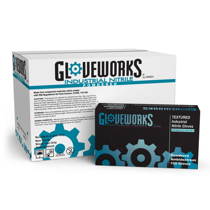 AMMEX IN - Gloveworks Industrial Blue Nitrile Disposable Gloves, 5 mil, Latex Free, Powdered, Textured