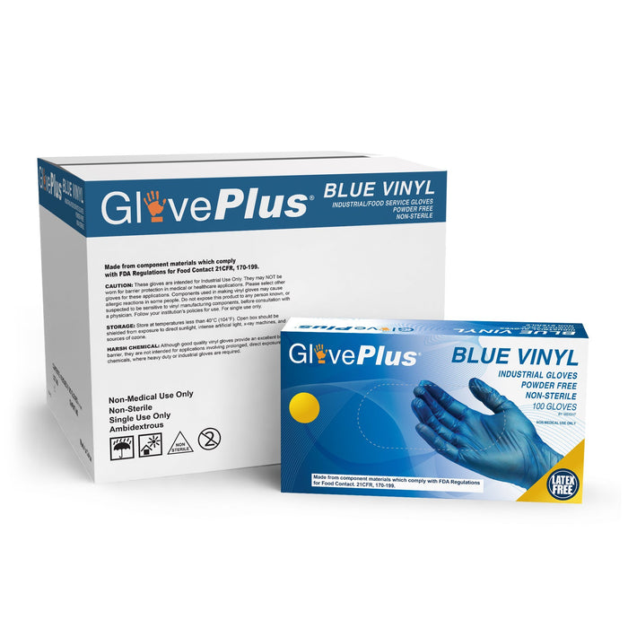 AMMEX IVBPF - GlovePlus Industrial Blue Vinyl Disposable Gloves, 4 mil, Latex Free, Powder Free, Food Safe