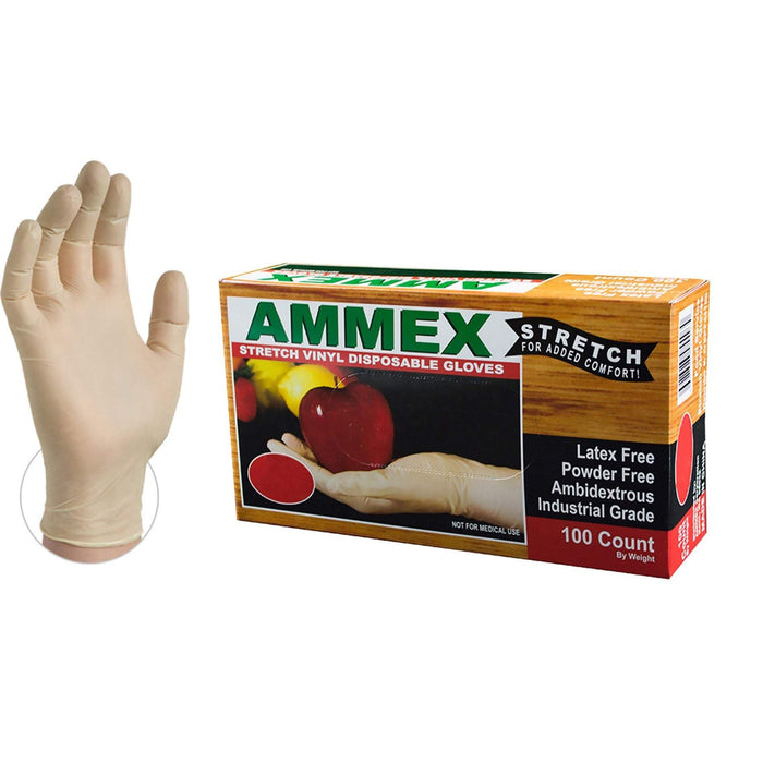 AMMEX IVSPF - Industrial Ivory Stretch Synthetic Vinyl Disposable Gloves, 4 Mil, Powder Free, Ambidextrous