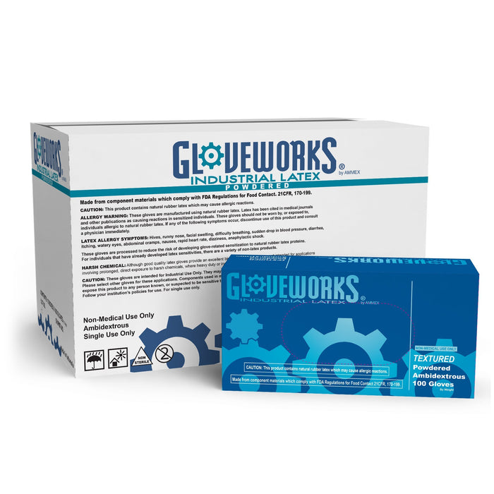 AMMEX TL - Gloveworks Industrial White Latex Disposable Gloves, 4 mil, Powdered, Textured
